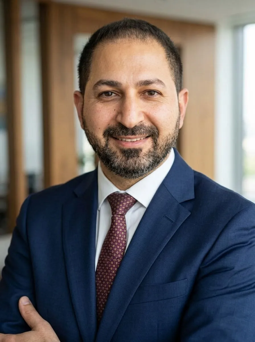Portrait of Ammar Khaleel, a smiling man with a short beard in a navy suit and burgundy tie.