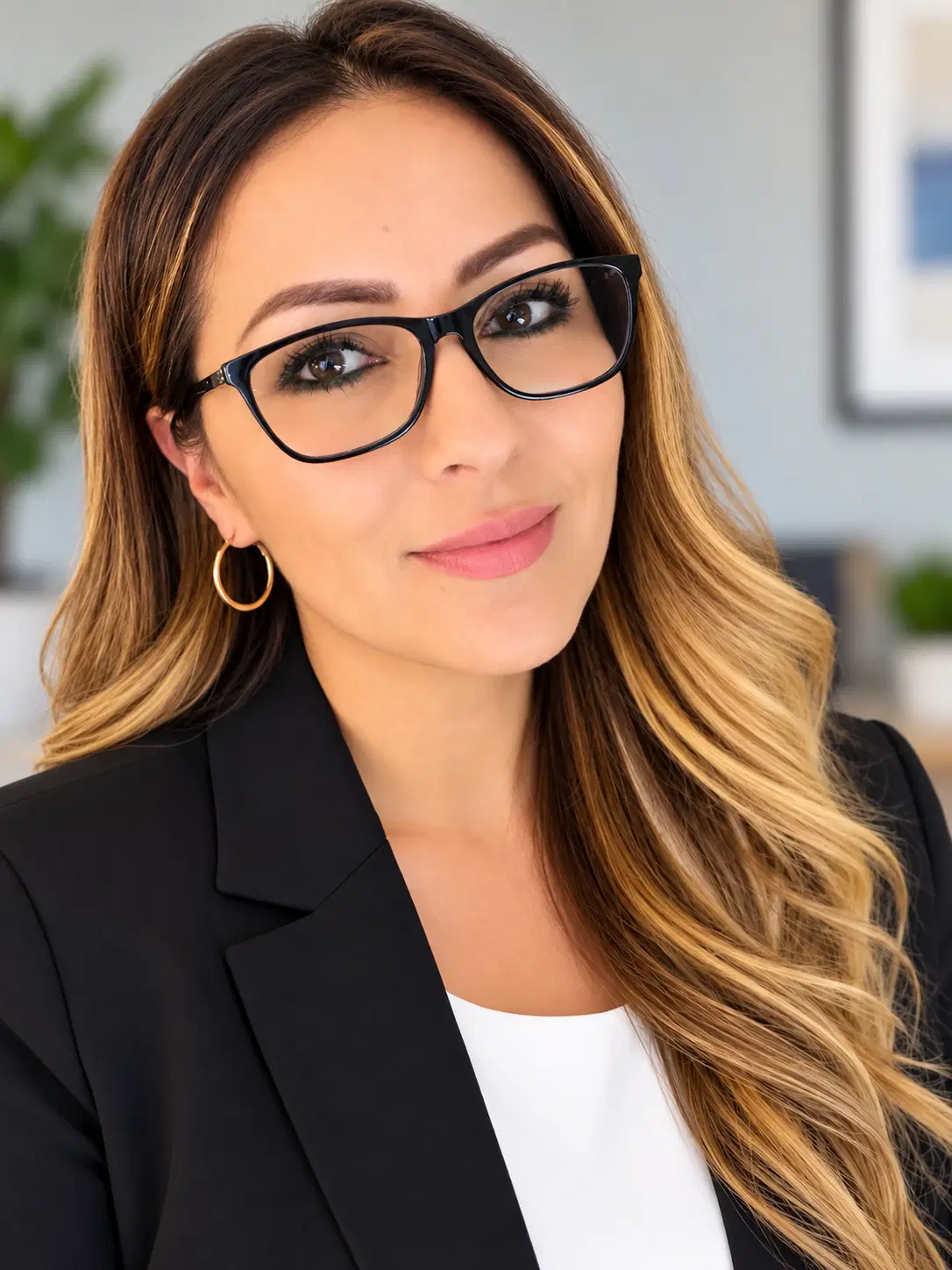 Portrait of Angelica Cervantes, a therapist with long brown hair and glasses, wearing a black blazer.