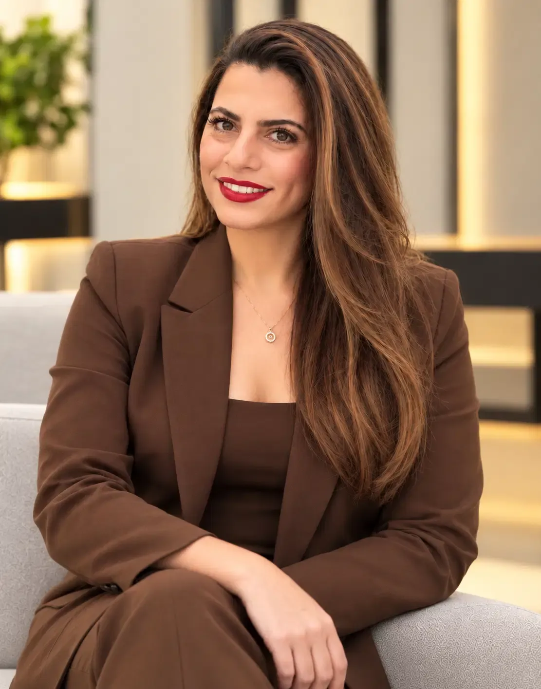 Portrait of Hala, a smiling woman with long dark hair wearing a black blouse.